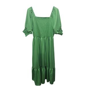 Smocked Tiered Maxi Green Dress Puff Sleeve Milkmaid M Michelle McDowell